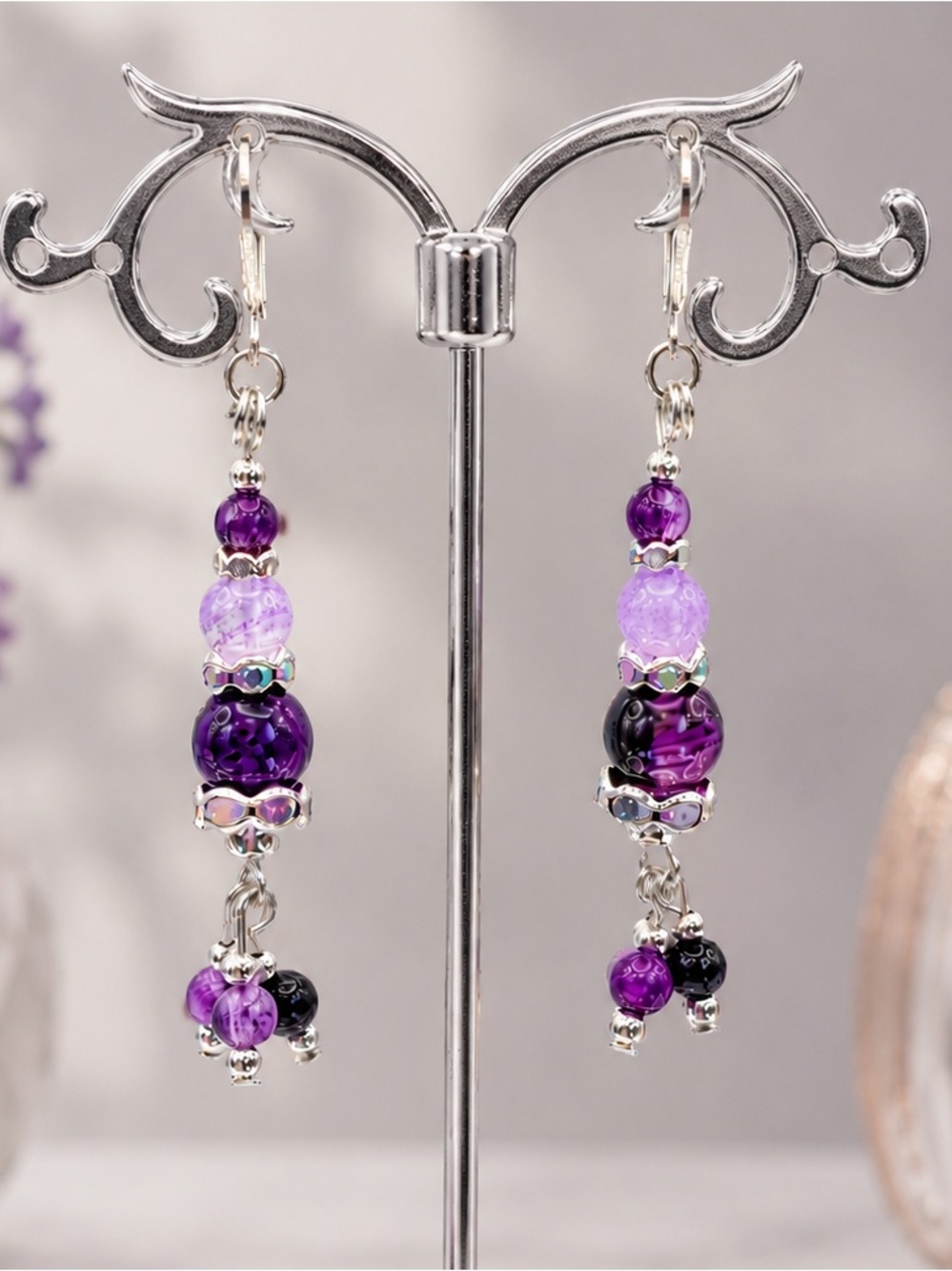 Purple Dyed Agate & Crystal Spacer Silver-tone Artisan Handmade Dangle Earrings